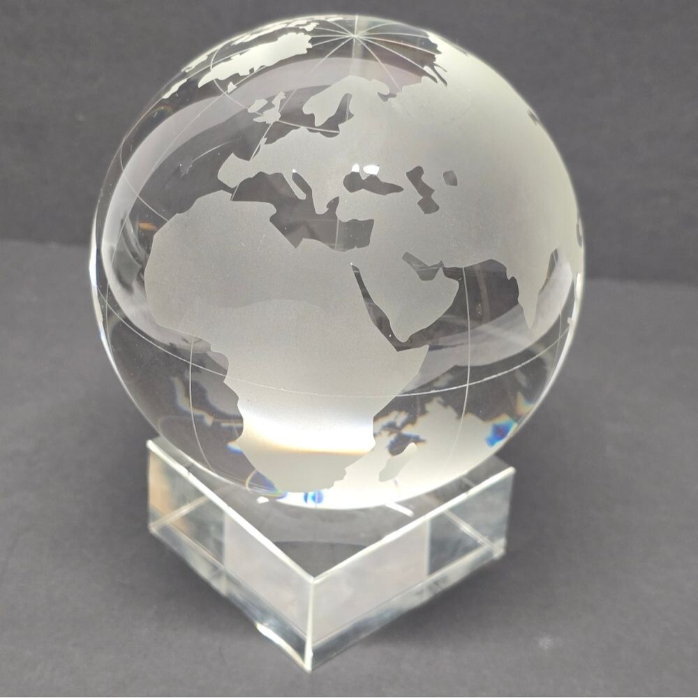 Round Earth Globe World Map Crystal Glass Clear Paperweight Table Desk Decor